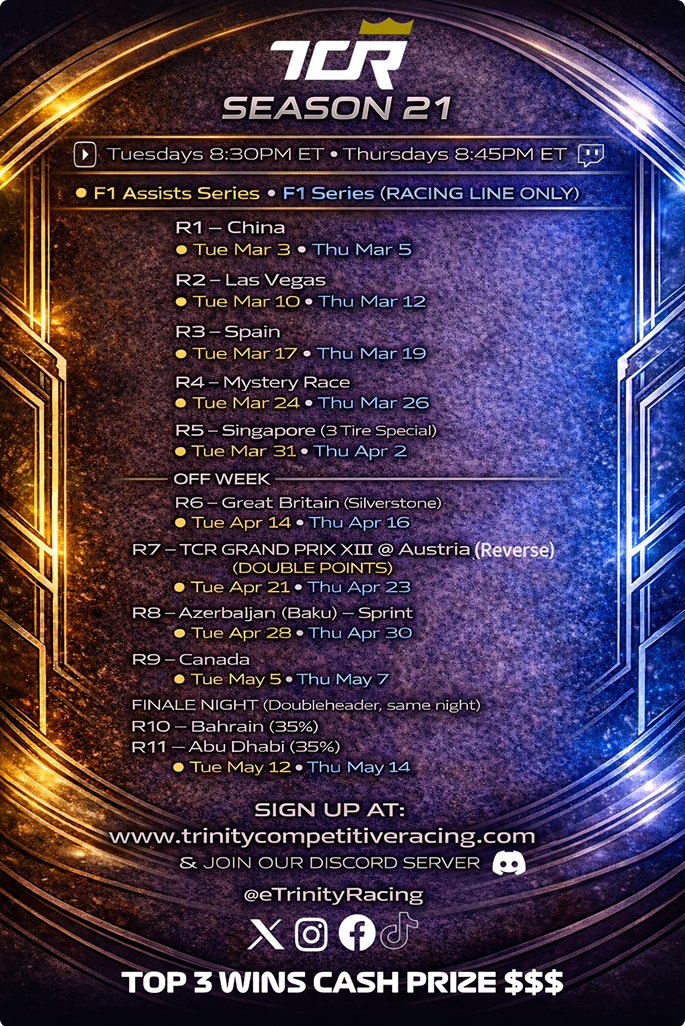 TCR F1 Season Schedule