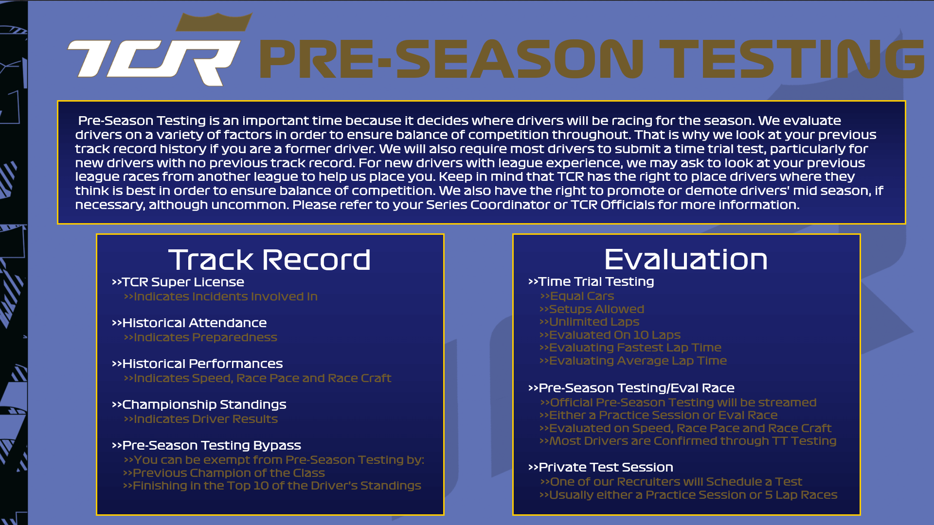 Pre-season Testing Info